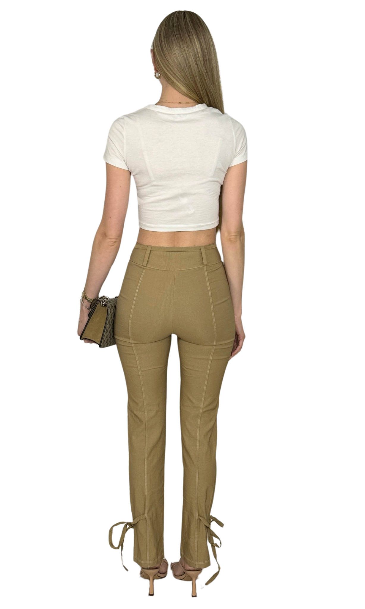 Khaki high-waisted tie pants with a removable belt, white contrast stitching, and tie accents at the ankles.