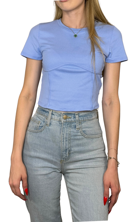 Ribbed cropped t-shirt with short sleeves and corset-style accent stitching along the bust and front for a flattering, structured look.