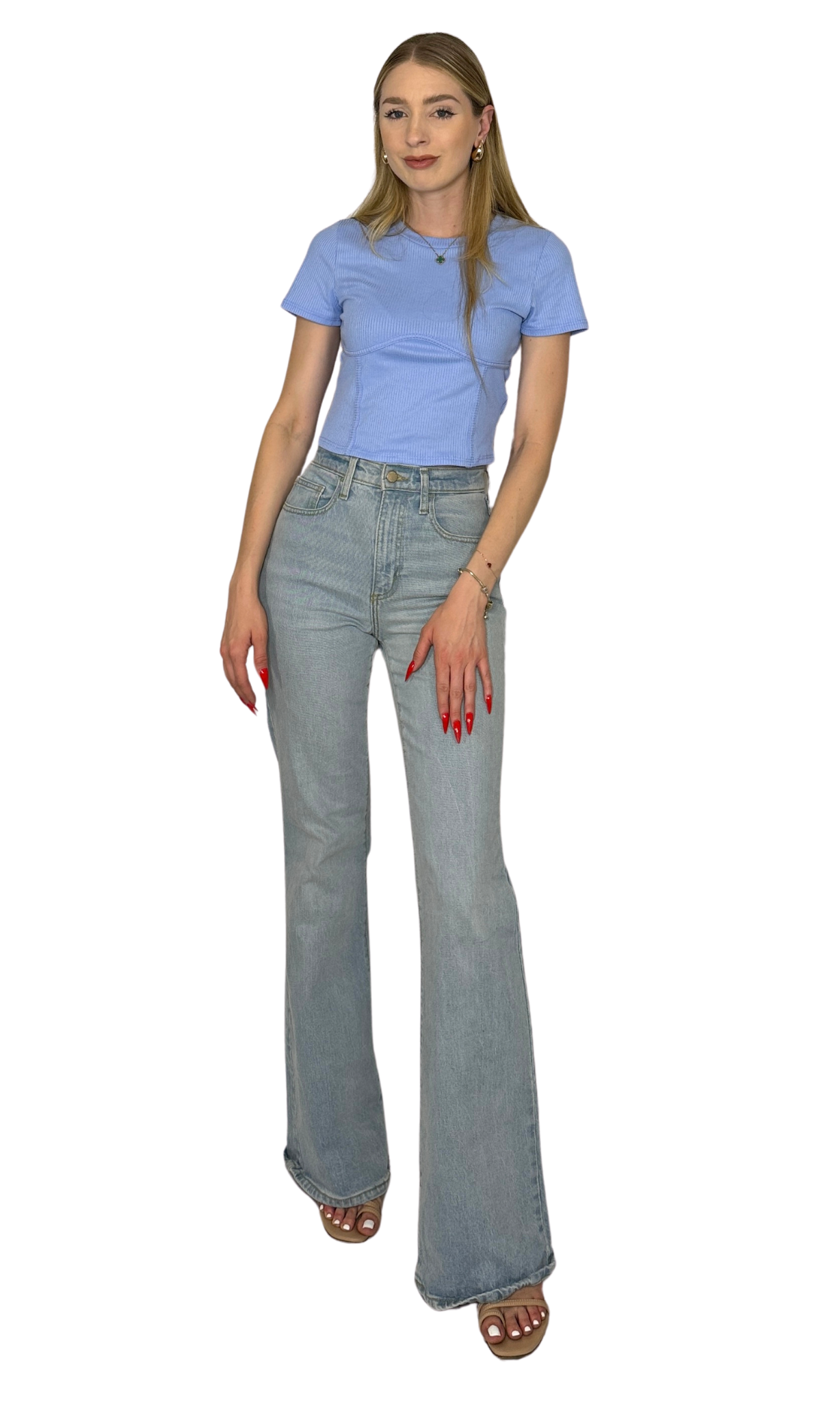 Ribbed cropped t-shirt with short sleeves and corset-style accent stitching along the bust and front for a flattering, structured look.