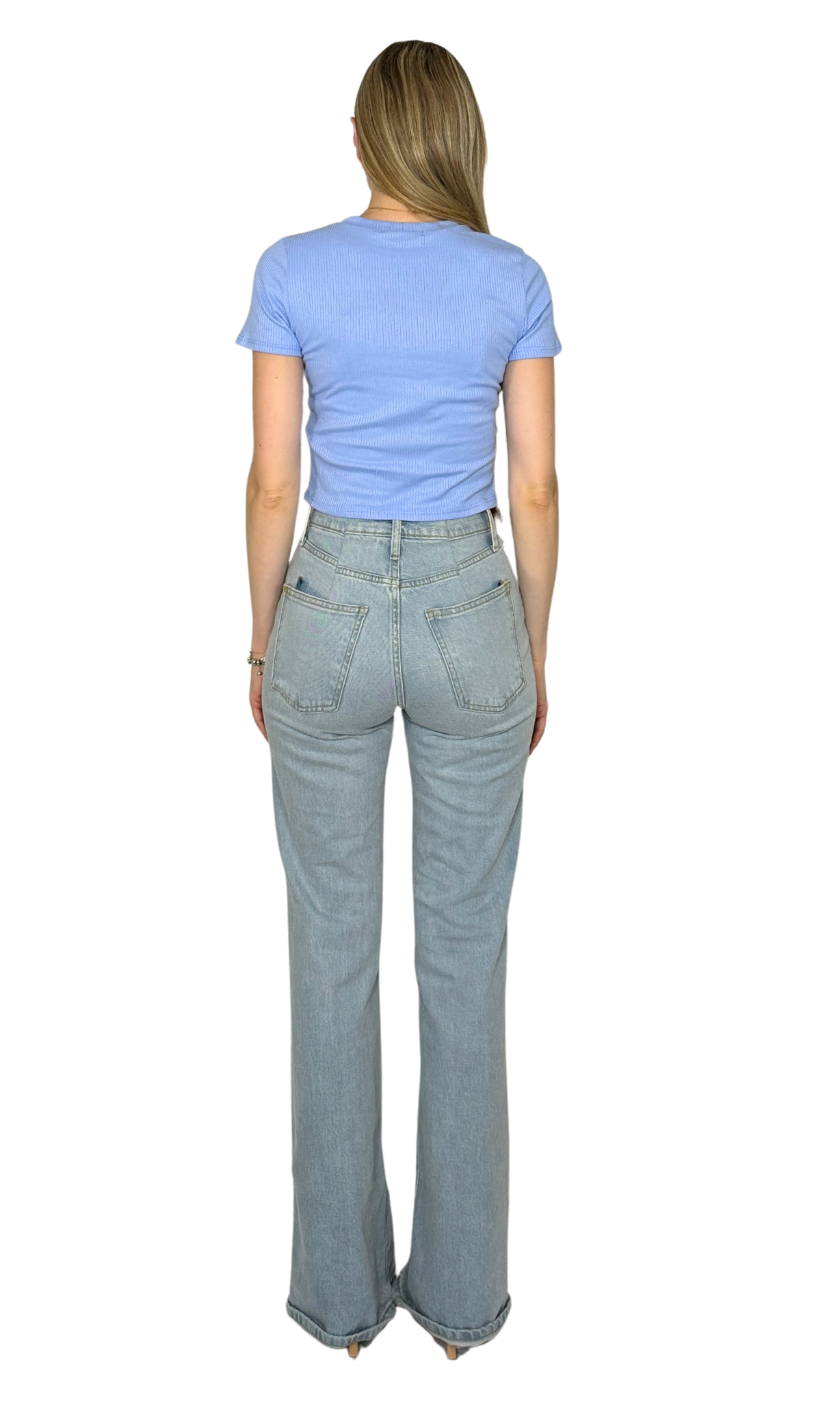 Ribbed cropped t-shirt with short sleeves and corset-style accent stitching along the bust and front for a flattering, structured look.