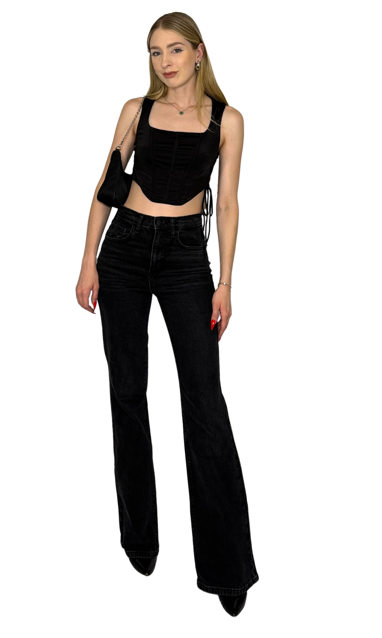 Anya Corset Top in black with flattering lace up side details for an edgy, figure-enhancing look.
