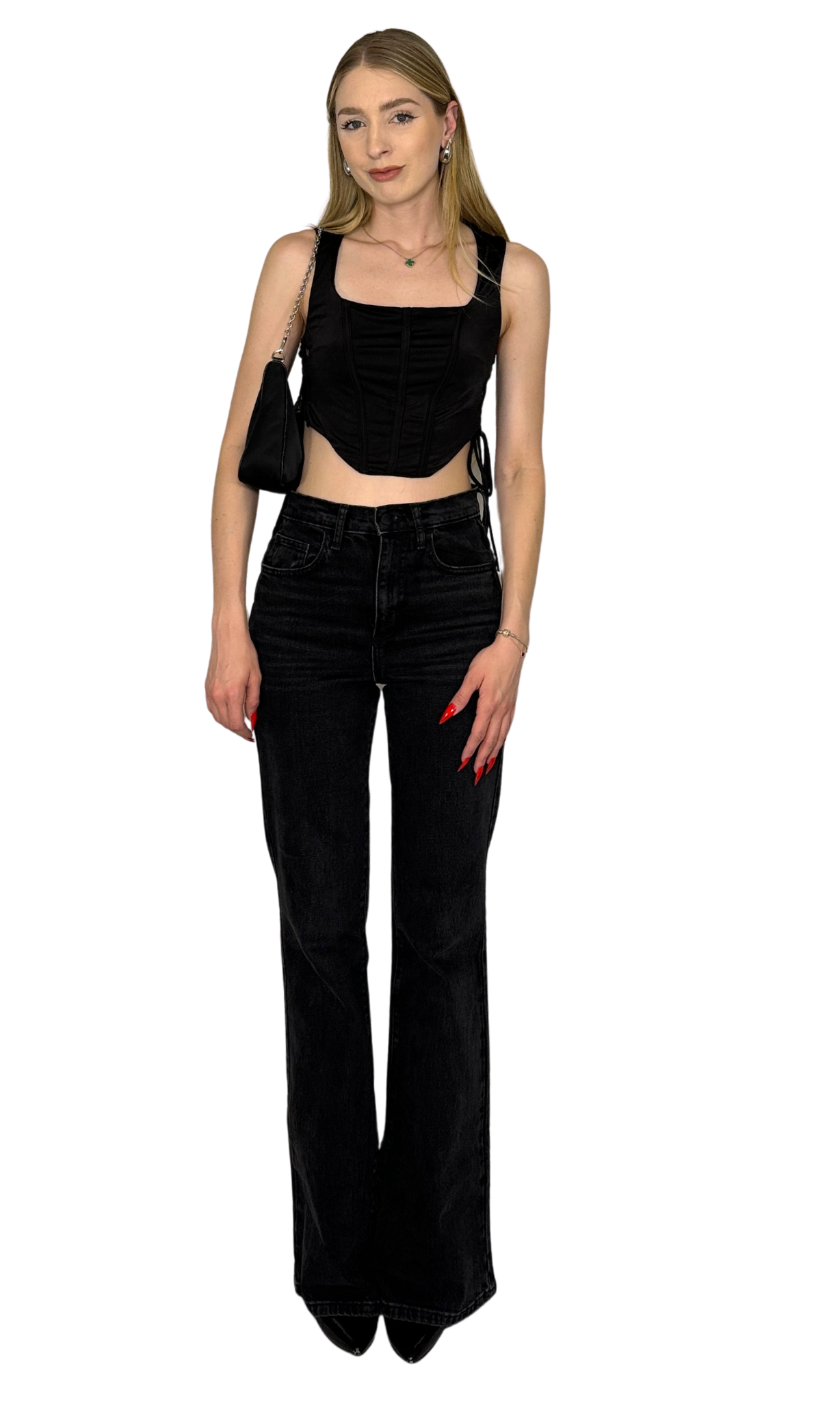 Anya Corset Top in black with flattering lace up side details for an edgy, figure-enhancing look.