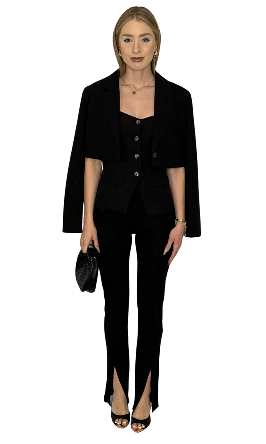 Women's black high-waisted pull-on pants with front slit and seam detailing – sleek and modern design