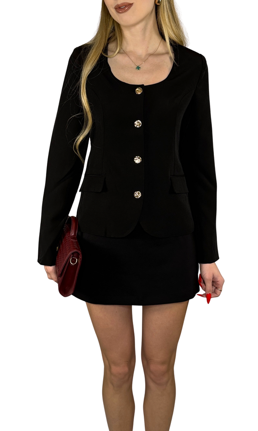 Ashley Blazer featuring an elegant scoop neckline, gold button detailing, long sleeves, and functional welt pockets for a polished day-to-night silhouette.