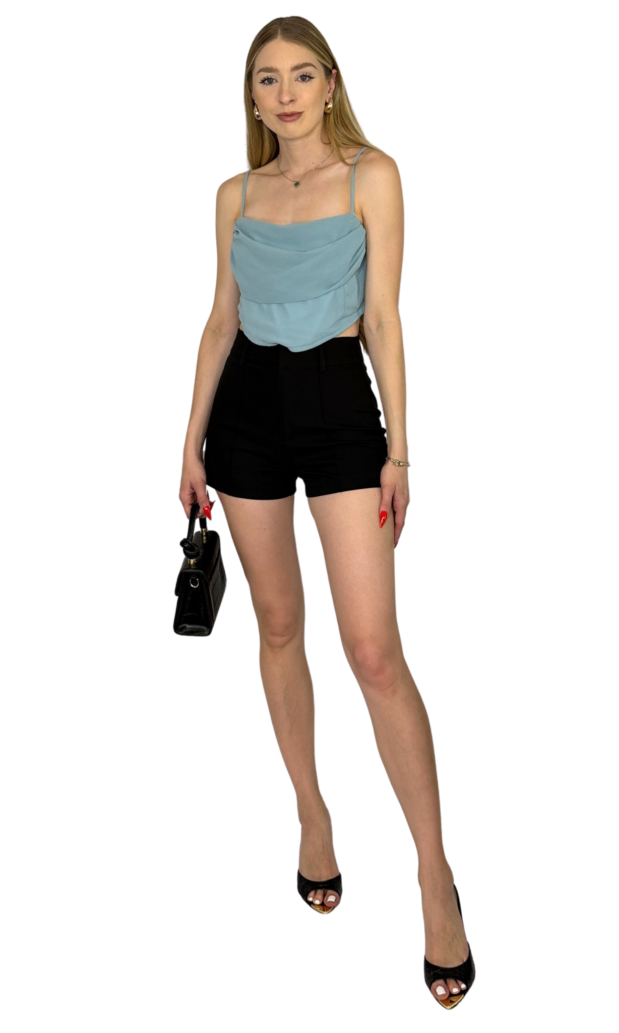 Baby blue corset top featuring a stylish draped front, adjustable straps for comfort, and a hidden zipper at the back for a sleek, secure fit.