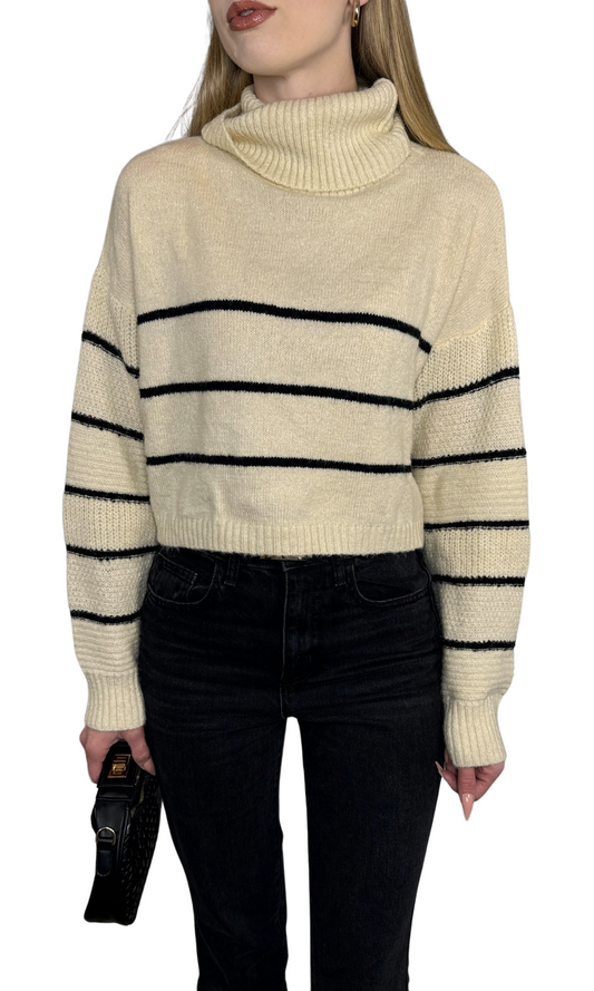 Beige and black striped turtleneck sweater crafted from high-quality materials, offering a timeless and elegant design — the Stephanie Sweater.