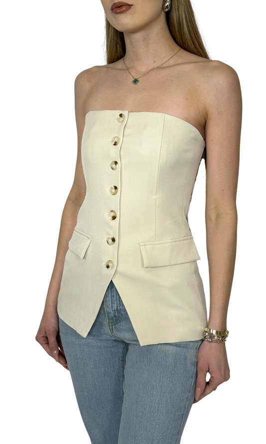 Beige strapless bustier top featuring boning and a sophisticated button-down front, expertly tailored for an elegant and refined look — the Taylor Suiting Top.