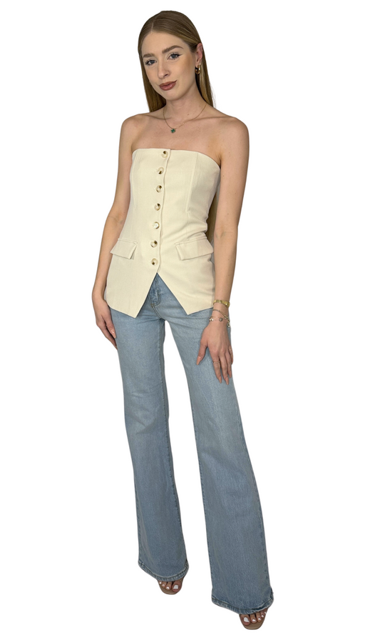 Beige strapless bustier top featuring boning and a sophisticated button-down front, expertly tailored for an elegant and refined look — the Taylor Suiting Top.