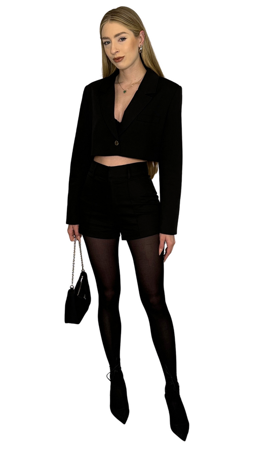 Women's black high-waisted micro shorts with front piping detail and faux back pockets – sleek, versatile piece for day or night outfits