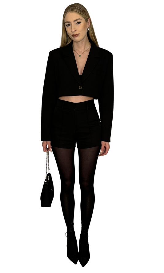 Women's black high-waisted micro shorts with front piping detail and faux back pockets – sleek, versatile piece for day or night outfits