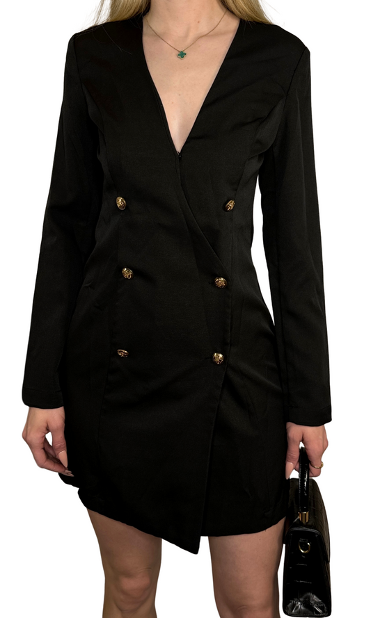 Black blazer-style dress featuring gold accent buttons along the front, offering a classic and versatile statement piece that pairs easily with any style.