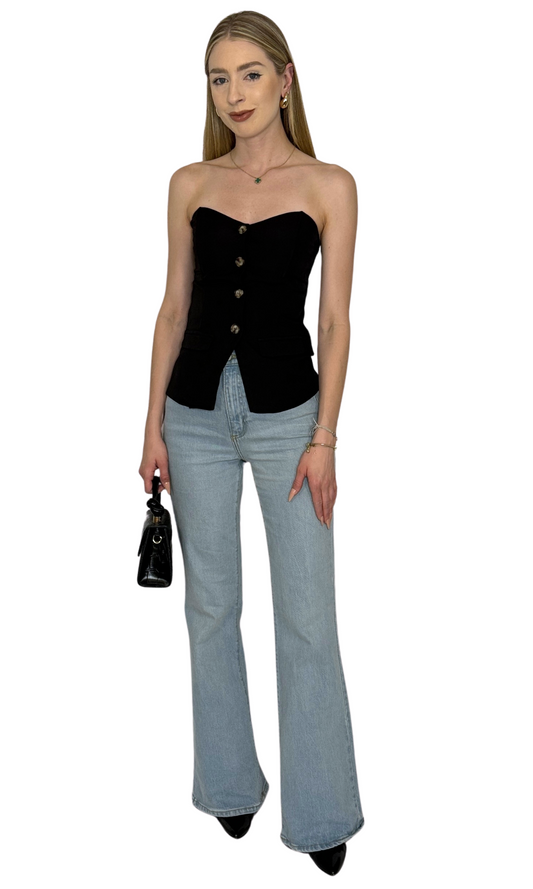 Black bustier top featuring a button-down front, faux flap pockets, sweetheart neckline, and an adjustable elastic back for a flattering and comfortable fit — the Celine Bustier Top.