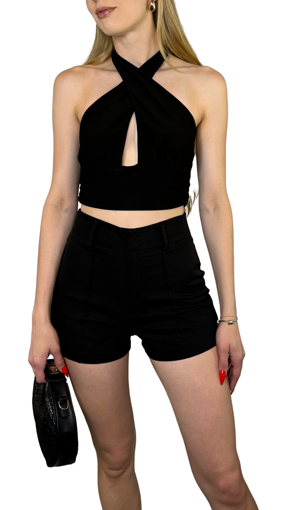 Black criss cross halter top with adjustable hook and eye closures along the straps for a snug and stylish fit.