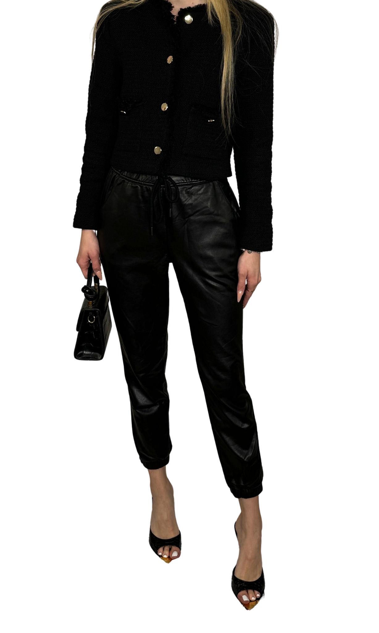 Women's black faux leather jogger pants with drawstring waist, gathered ankles, and front pockets – stylish and comfortable fit