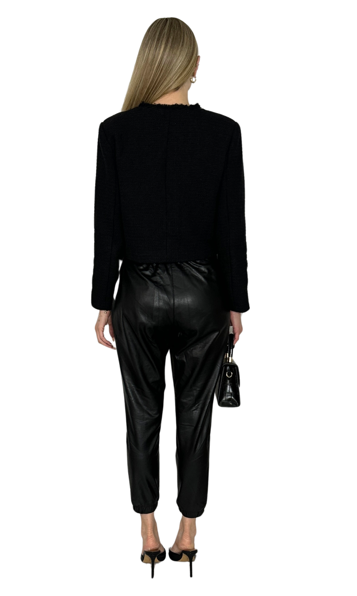 Women's black faux leather jogger pants with drawstring waist, gathered ankles, and front pockets – stylish and comfortable fit