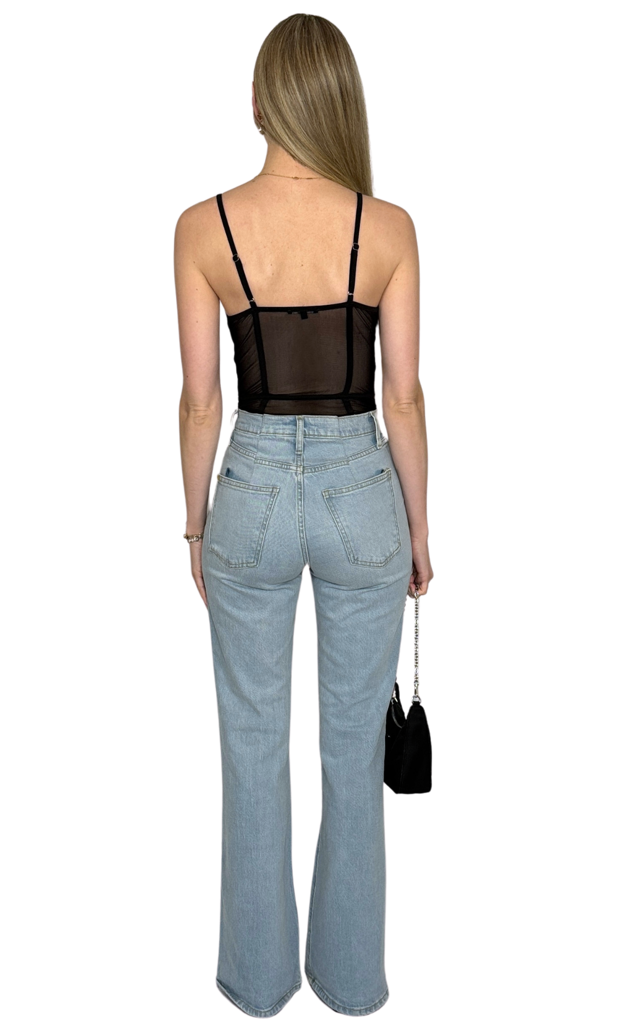 Black mesh bodysuit featuring intricate lace details, wire cups, thong cut with snap closure, and adjustable straps for a comfortable fit and elegant style — the Iris Lace Bodysuit.