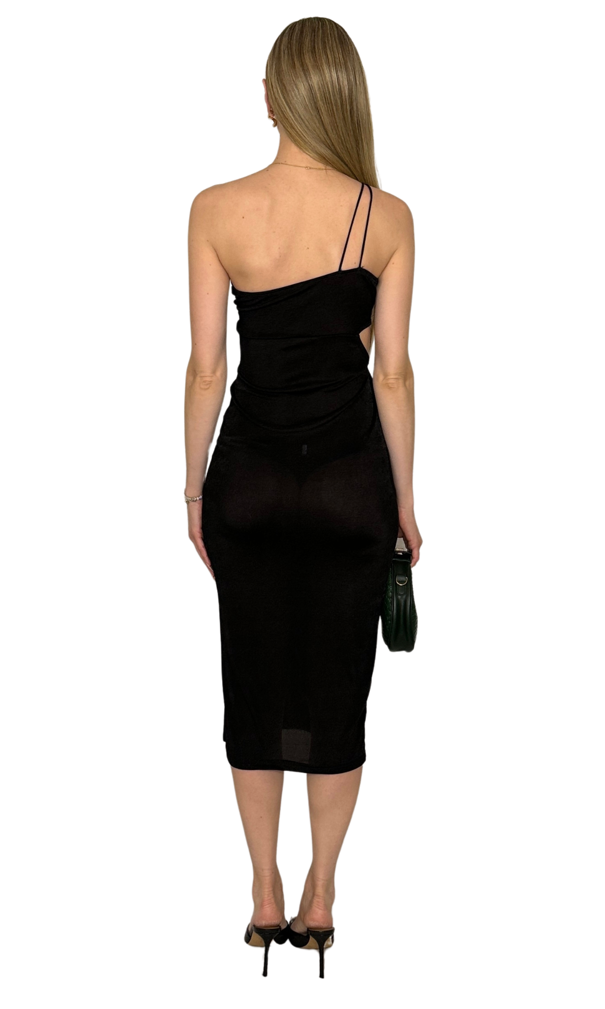 Black one-shoulder strappy dress with front cutouts, semi-sheer and unlined design suitable as beach cover-up or with layered undergarments