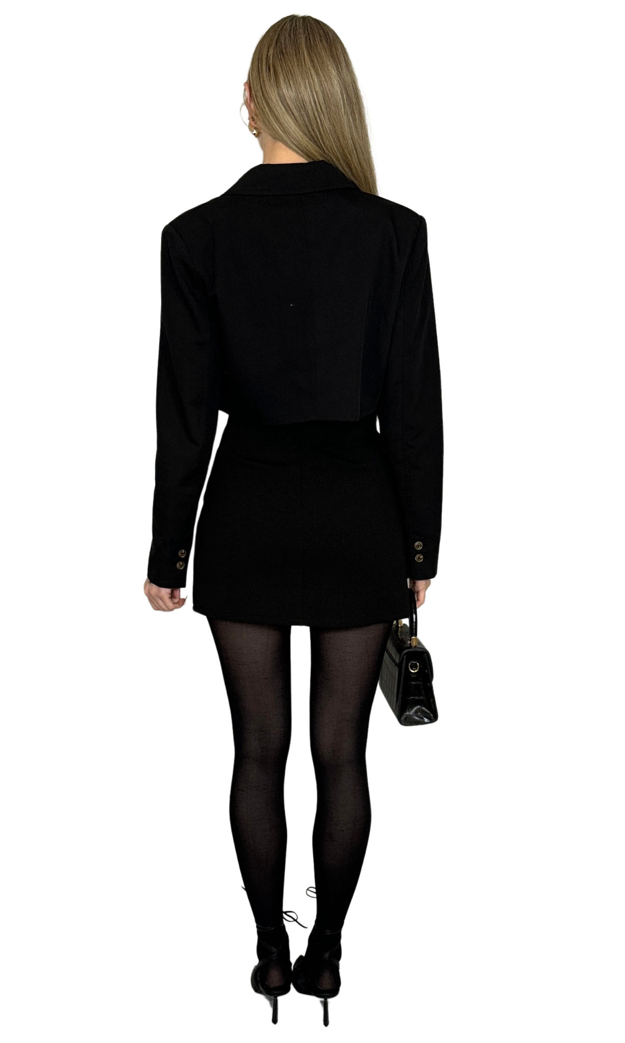 Black oversized cropped blazer made from soft, lightweight fabric with classic tailoring for a timeless, comfortable, and stylish look.