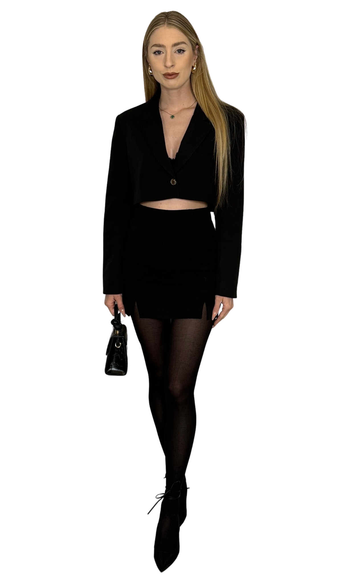 Black oversized cropped blazer made from soft, lightweight fabric with classic tailoring for a timeless, comfortable, and stylish look.