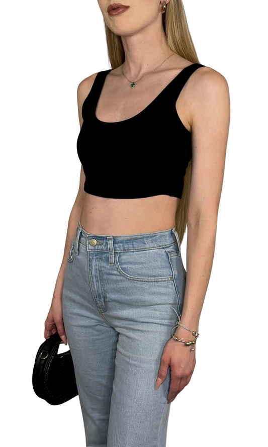 Black crop top featuring scoop neck front and back, designed with breathable fabric and a comfortable fit — the Jessica Crop Top.