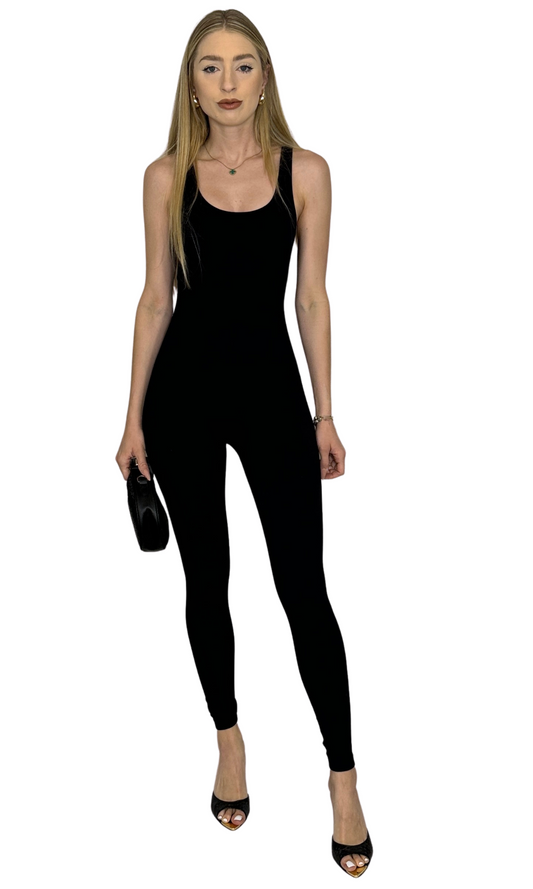 Black sleeveless U-neck ribbed jumpsuit made from high-quality fabric, offering a chic, comfortable, and versatile fit for any occasion.