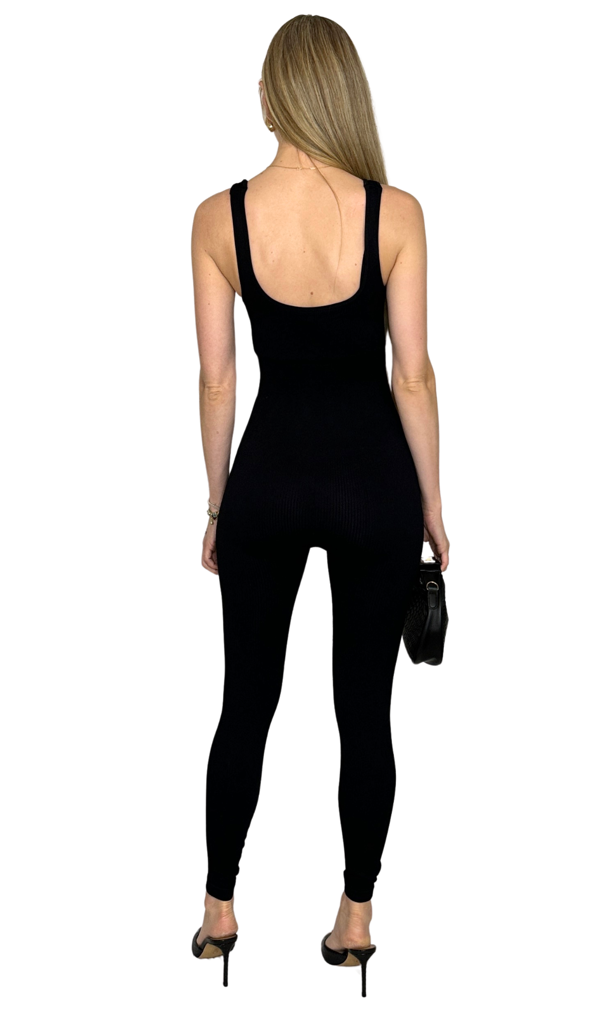 Black sleeveless U-neck ribbed jumpsuit made from high-quality fabric, offering a chic, comfortable, and versatile fit for any occasion.