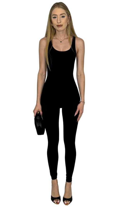 Black sleeveless U-neck ribbed jumpsuit made from high-quality fabric, offering a chic, comfortable, and versatile fit for any occasion.