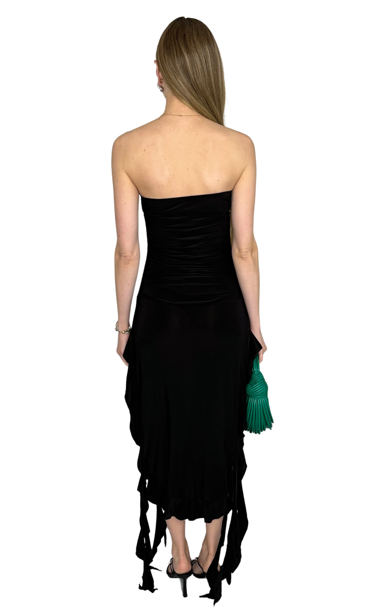 Black strapless tube dress with ruffle skirt and dramatic side slits – form-fitting silhouette for evening wear