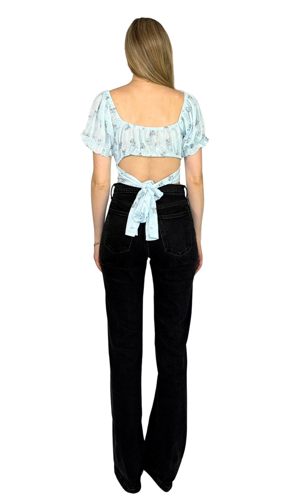 Blue and white floral print top with puff sleeves, tie-back straps, and a cut-out back detail, crafted from lightweight polyester for a flattering, breezy fit.