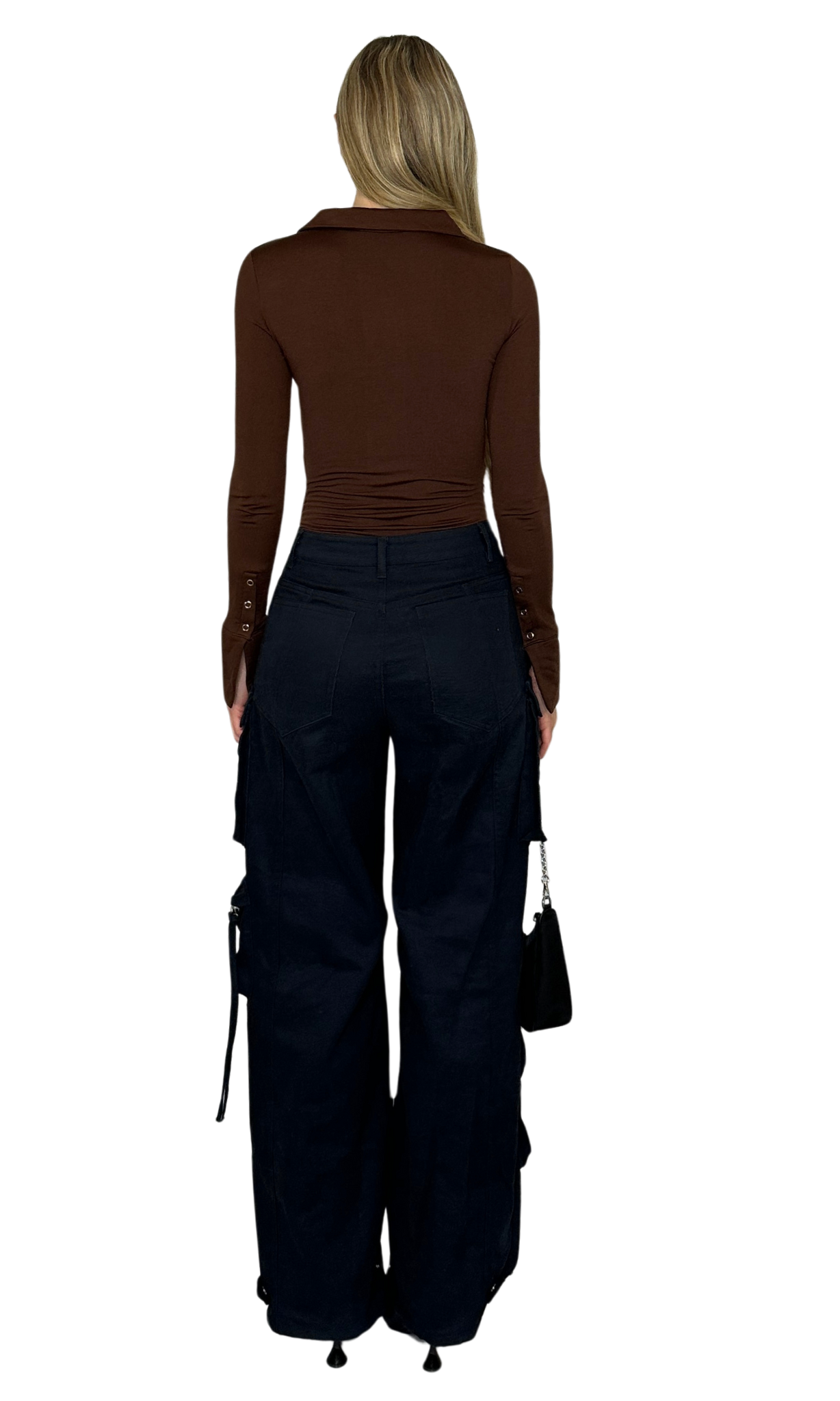 Brown long sleeve bodysuit with snap button front, flared snap sleeves, and snap closure at the crotch, made from lightly fleece-lined fabric for warmth and year-round versatility.