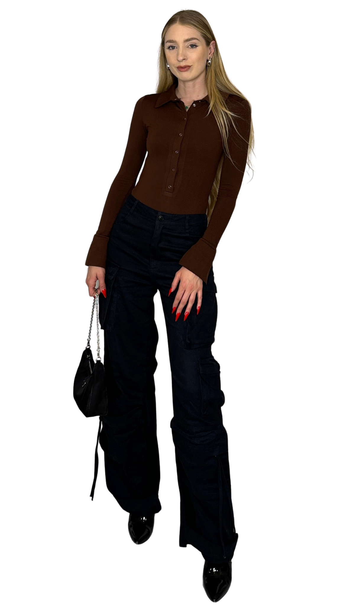 Brown long sleeve bodysuit with snap button front, flared snap sleeves, and snap closure at the crotch, made from lightly fleece-lined fabric for warmth and year-round versatility.