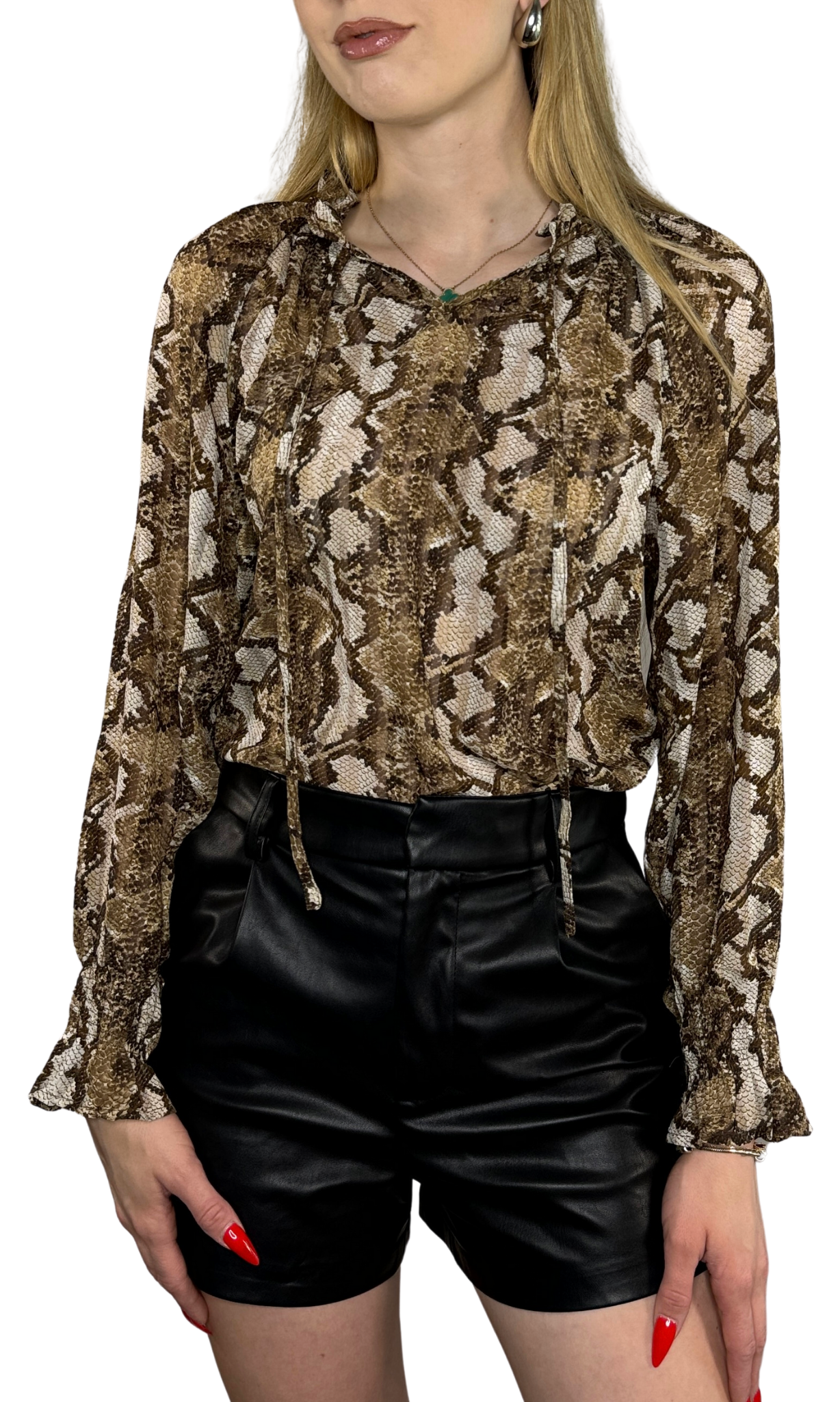 Brown snakeskin print blouse featuring ruched sleeves and a ruffle neckline with front tie closure, designed to make a bold and stylish statement.