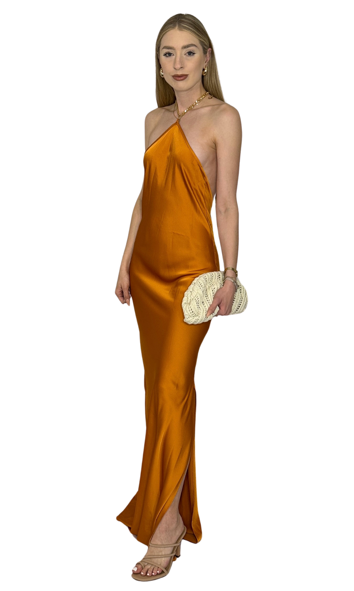 Burnt orange maxi dress with gold chain neck closure – slip-on style, elegant and luxurious design