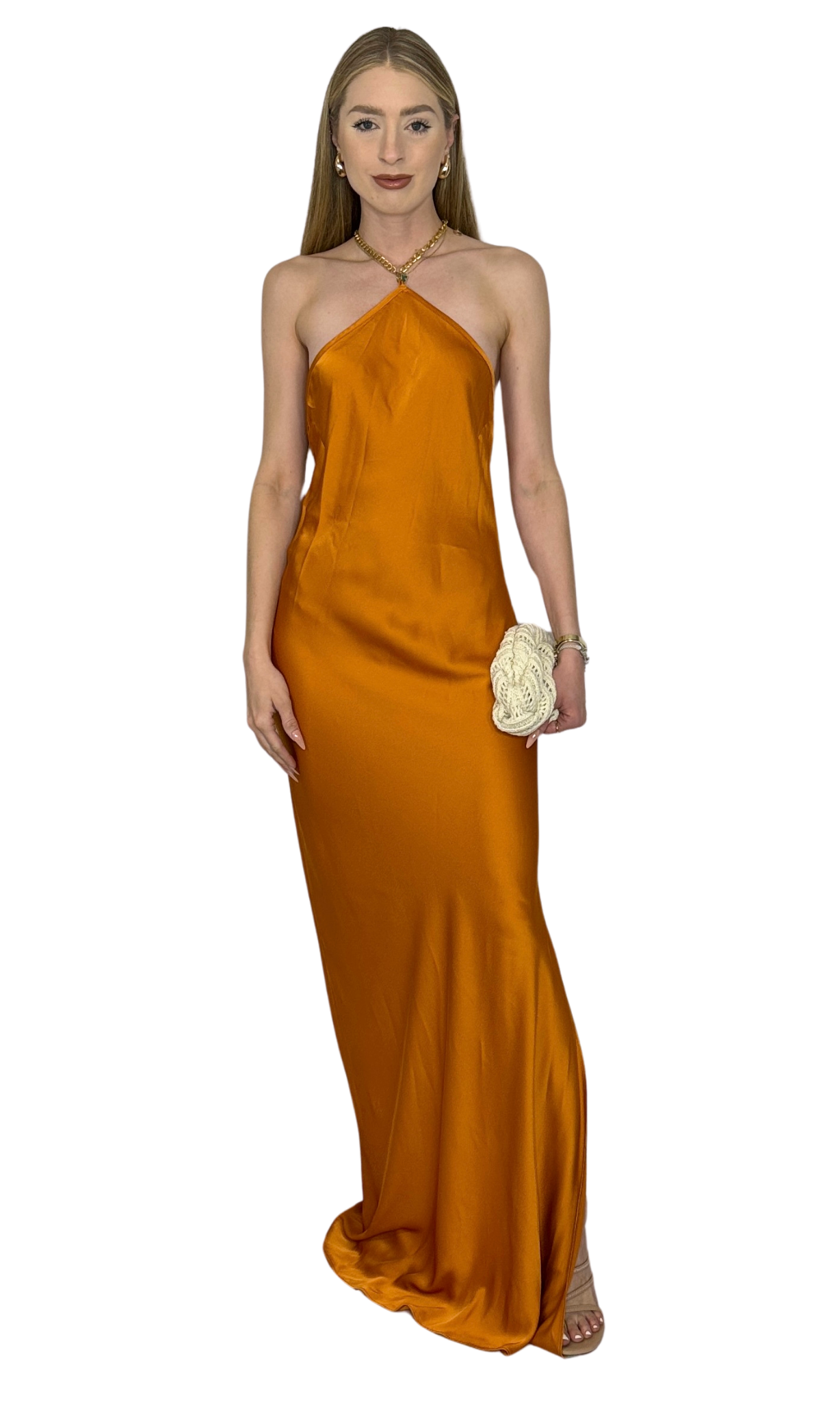 Burnt orange maxi dress with gold chain neck closure – slip-on style, elegant and luxurious design