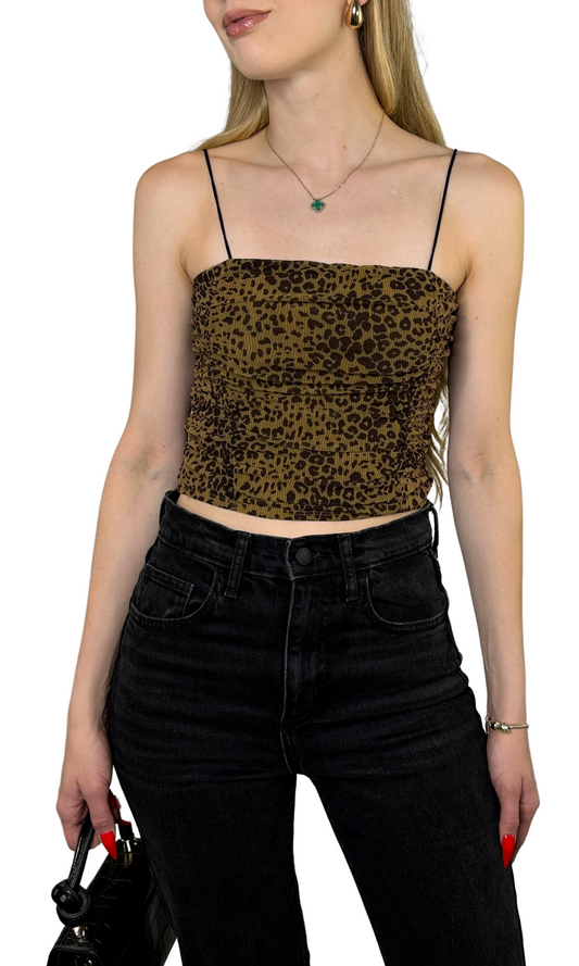 Cheetah printed mesh cami top with ruched detailing and thin black straps for a flattering and versatile look.