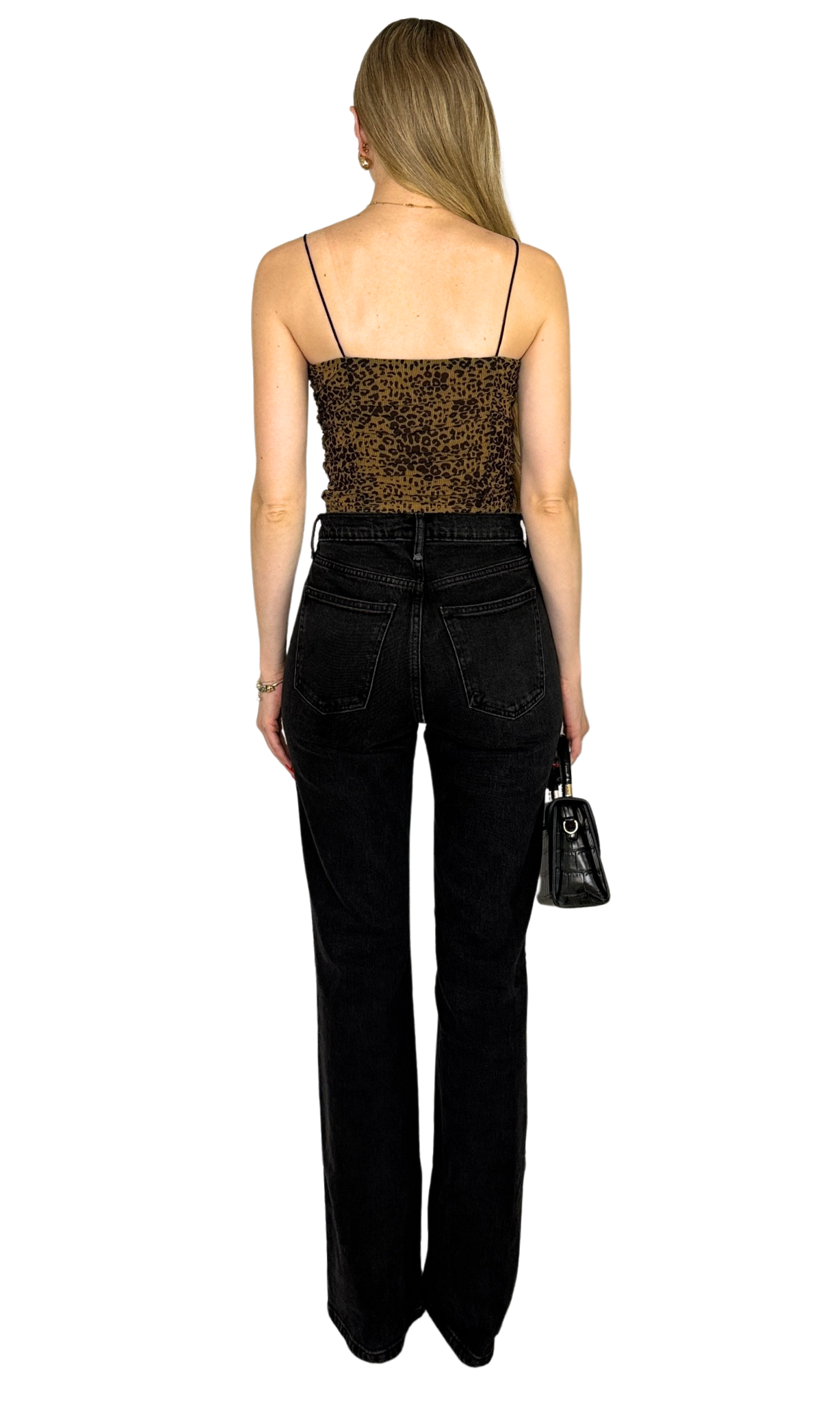Cheetah printed mesh cami top with ruched detailing and thin black straps for a flattering and versatile look.