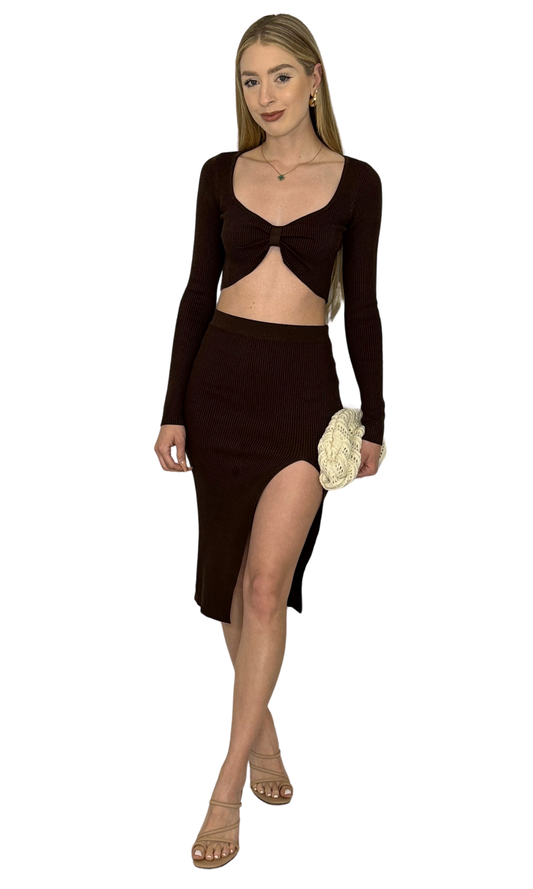 Women's chocolate brown ribbed knit set with twisted front long sleeve top and front slit midi skirt – cozy and stylish outfit
