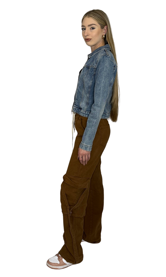 Women's chocolate cargo pants with elastic waistband, side cargo pockets, buckle accents, and drawstring closure – adjustable fit for comfort and style