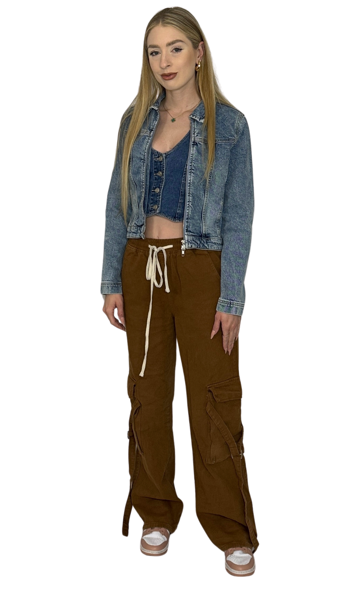 Women's chocolate cargo pants with elastic waistband, side cargo pockets, buckle accents, and drawstring closure – adjustable fit for comfort and style