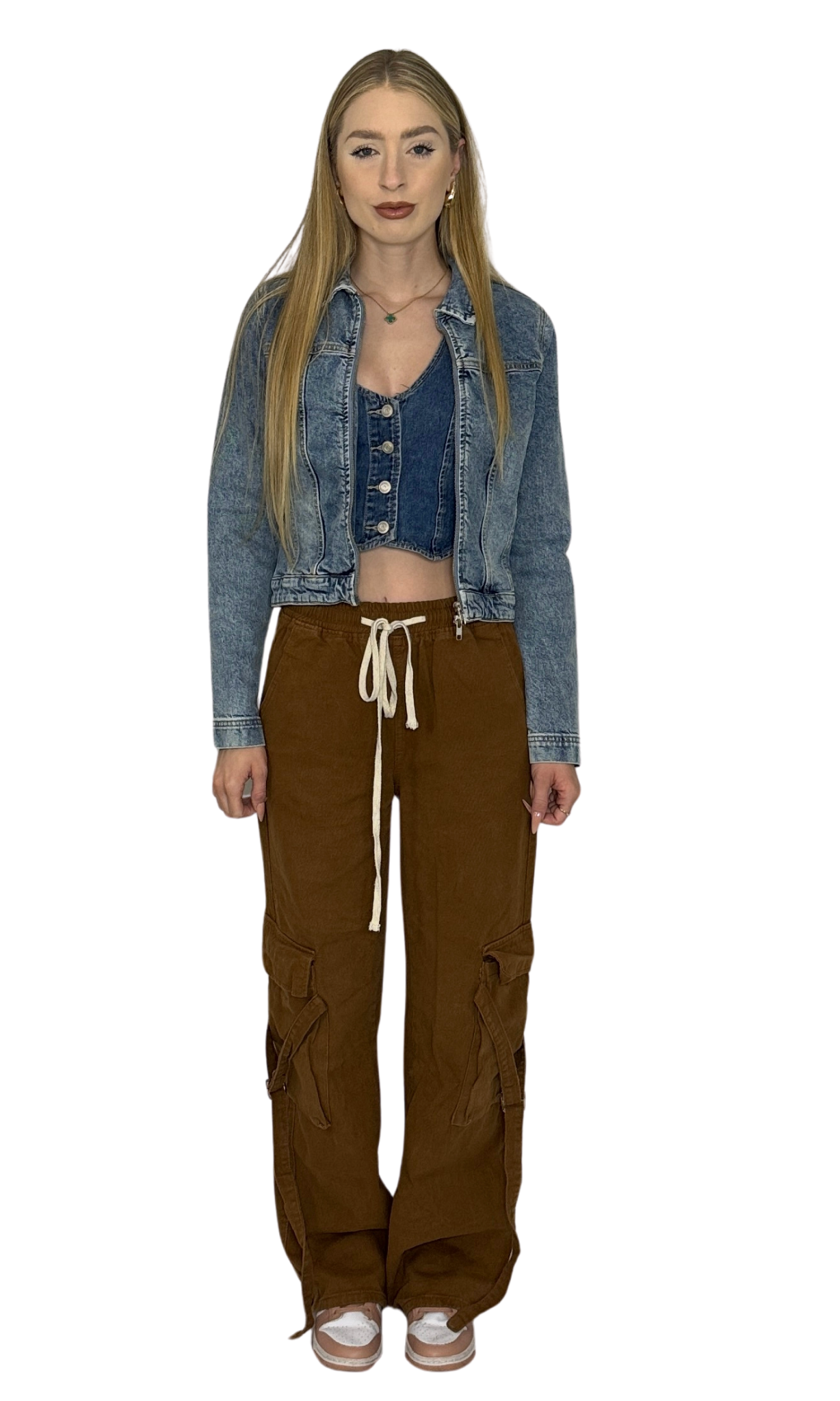 Women's chocolate cargo pants with elastic waistband, side cargo pockets, buckle accents, and drawstring closure – adjustable fit for comfort and style