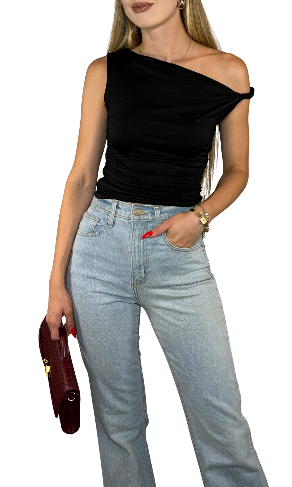 Off-the-shoulder sleeveless twisted shoulder top with ruched side in smooth black knit fabric