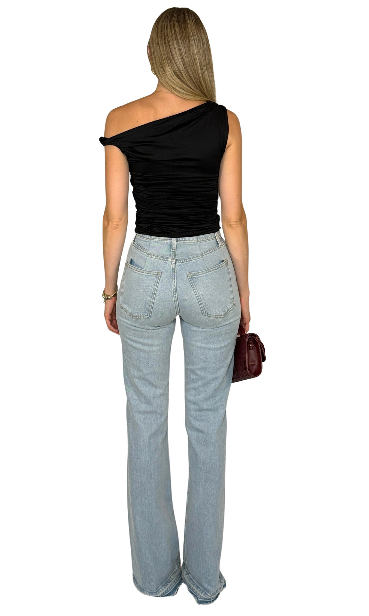 Off-the-shoulder sleeveless twisted shoulder top with ruched side in smooth black knit fabric