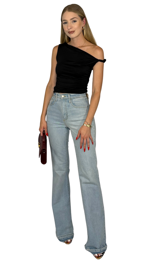 Off-the-shoulder sleeveless twisted shoulder top with ruched side in smooth black knit fabric