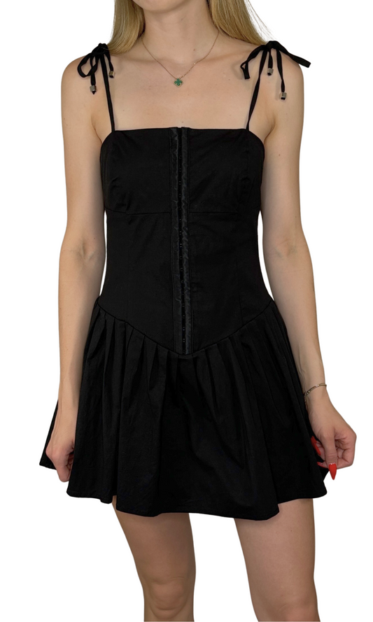 Coco Mini Dress – women’s little black dress with adjustable strap ties, hook and eye closure, and skater skirt