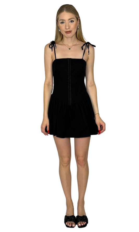 Coco Mini Dress – women’s little black dress with adjustable strap ties, hook and eye closure, and skater skirt