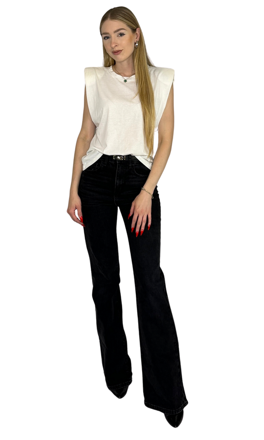 Casual tank-style t-shirt with shoulder pads made from a super lightweight cotton blend fabric — the Harper Padded Top offers a modern silhouette with comfort and style.