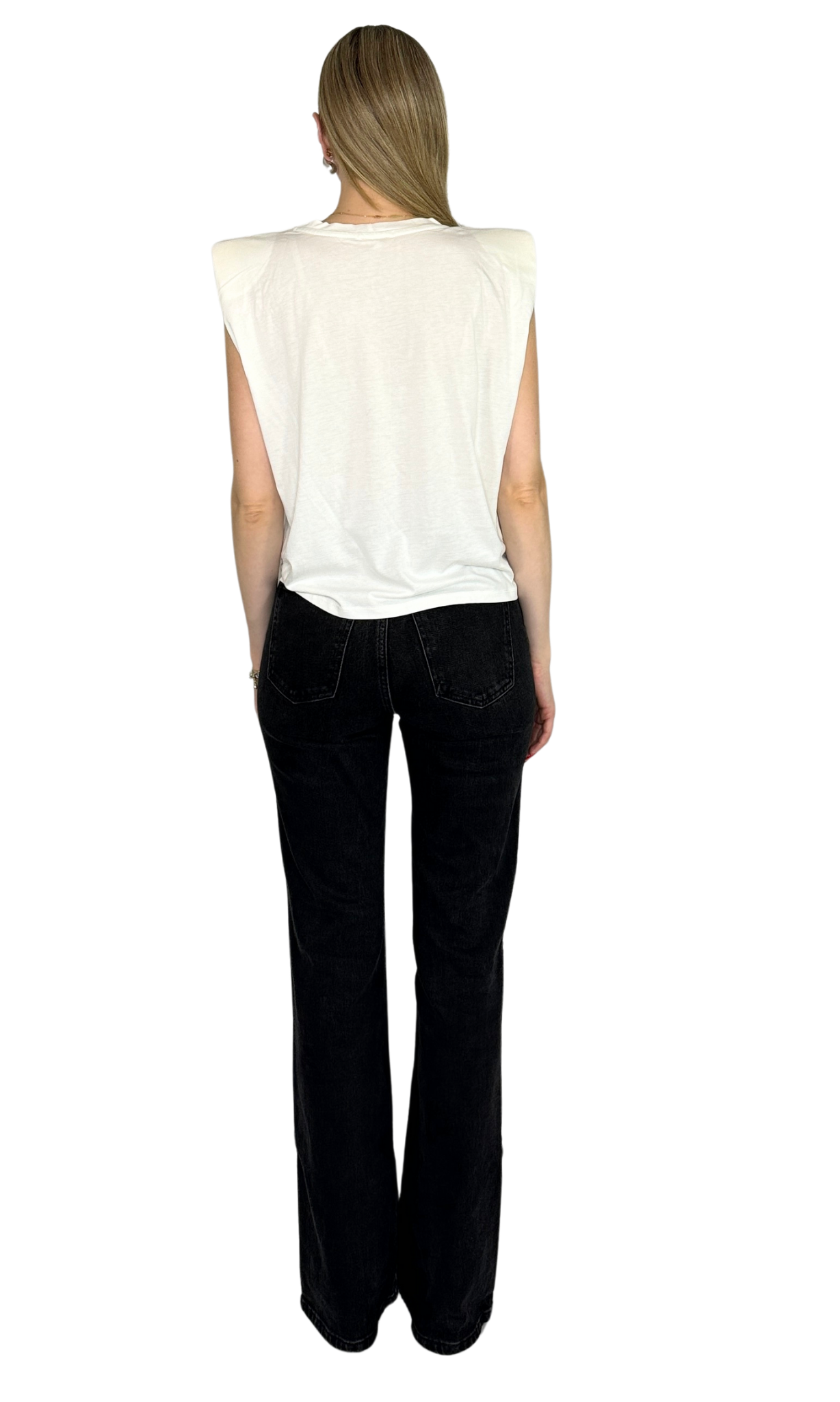 Casual tank-style t-shirt with shoulder pads made from a super lightweight cotton blend fabric — the Harper Padded Top offers a modern silhouette with comfort and style.