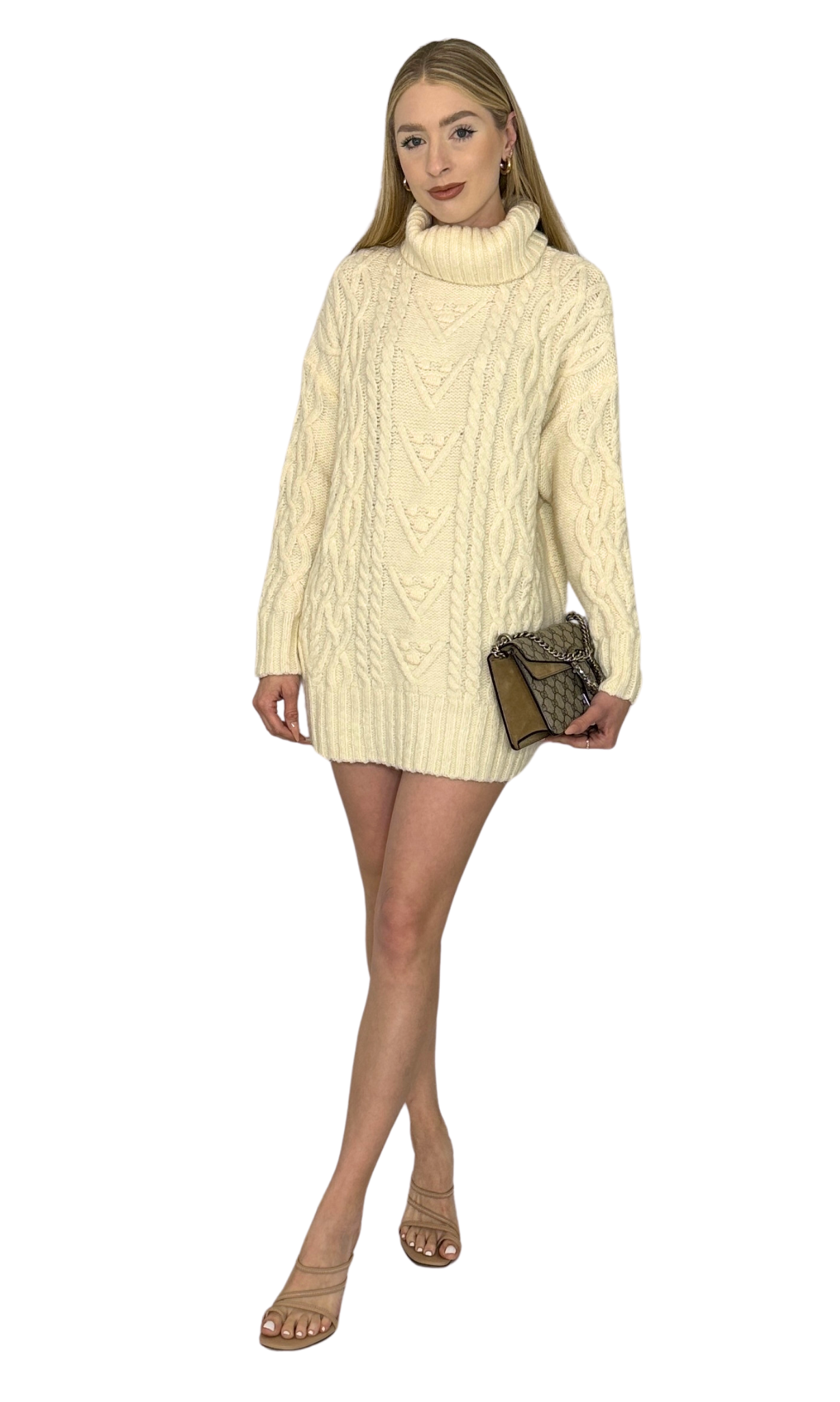 Cream thick turtleneck knit sweater dress with a classic silhouette, designed to flatter any body type and perfect for dressing up or down.