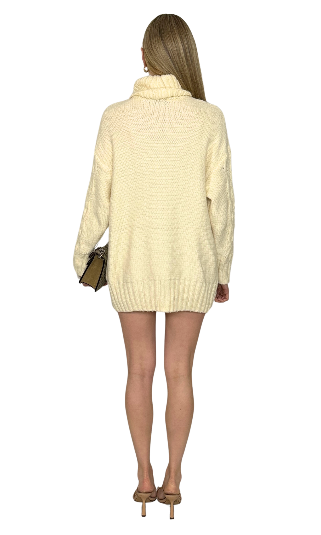 Cream thick turtleneck knit sweater dress with a classic silhouette, designed to flatter any body type and perfect for dressing up or down.