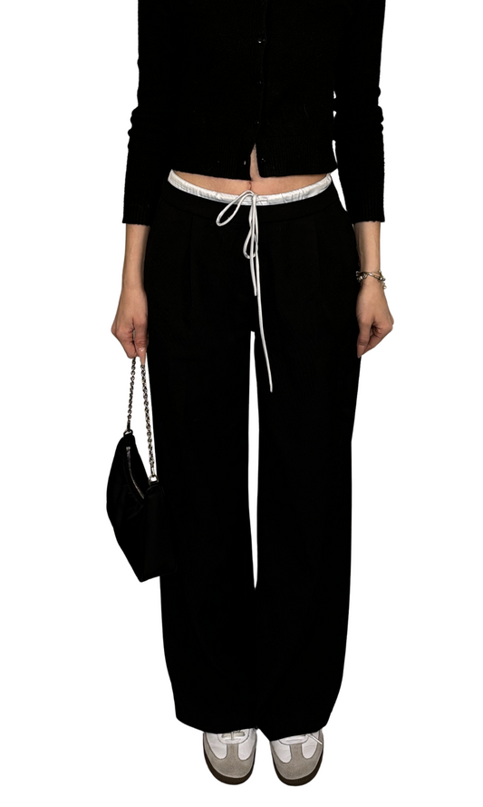 Women's minimalistic trousers with contrast satin-effect waistband, side zipper, drawstring for adjustable rise, and front/back pockets – versatile low to high-waisted fit